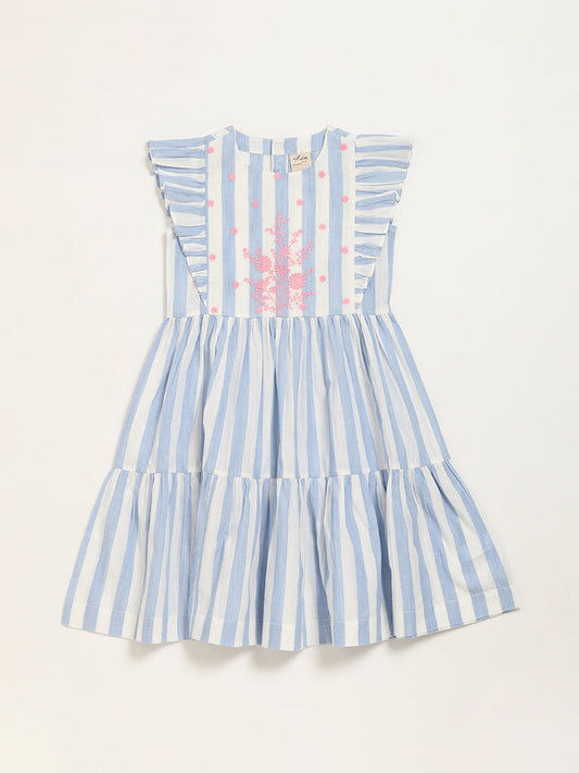 Utsa Kids Blue Striped Gathered A-Line Dress (8 -14yrs)