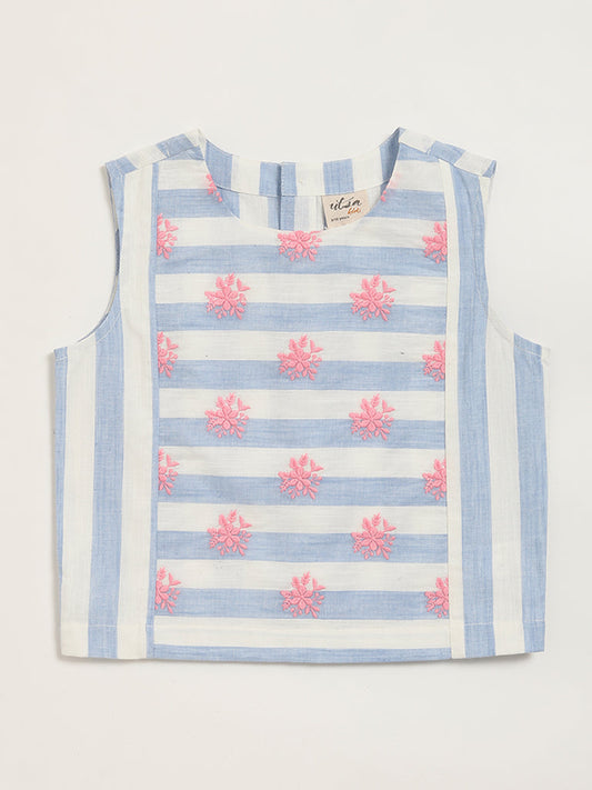 Utsa Kids Floral Embroidered Blue Striped Top (8 -14yrs)