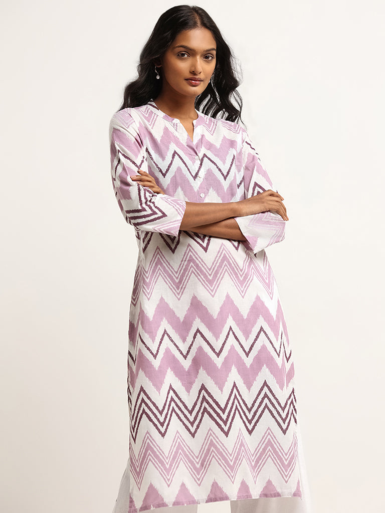 Utsa Lilac Straight Fit Chevron Print Cotton Kurta