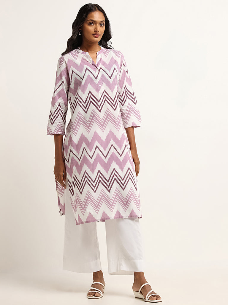 Utsa Lilac Straight Fit Chevron Print Cotton Kurta