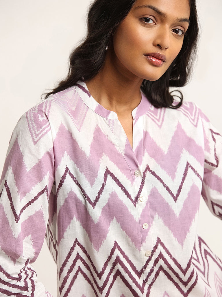 Utsa Lilac Straight Fit Chevron Print Cotton Kurta