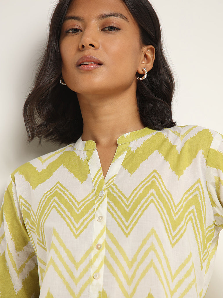 Utsa Green Straight Fit Chevron Print Cotton Kurta