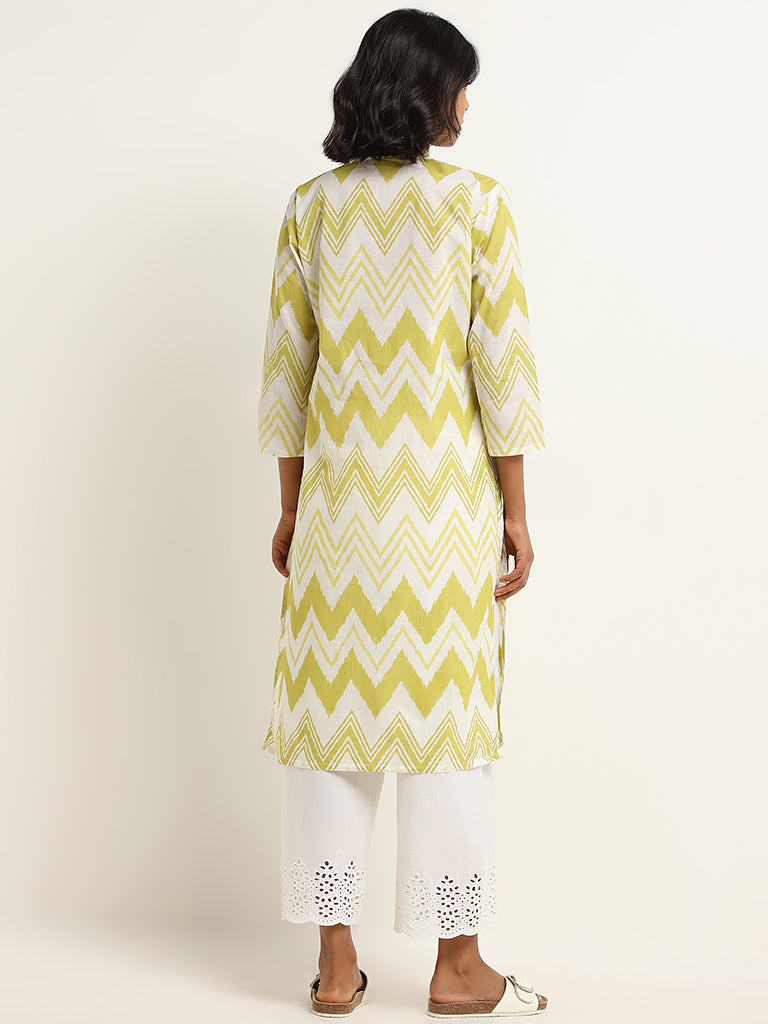 Utsa Green Straight Fit Chevron Print Cotton Kurta