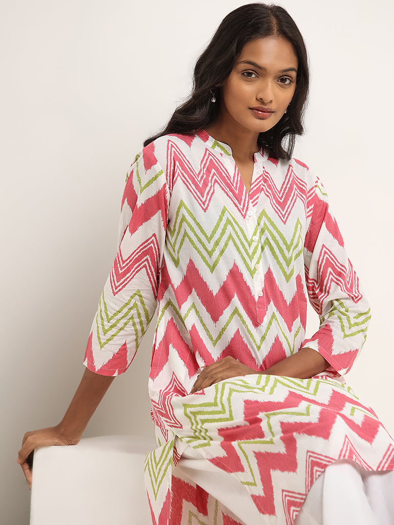 Utsa Pink Chevron Straight Fit Kurta