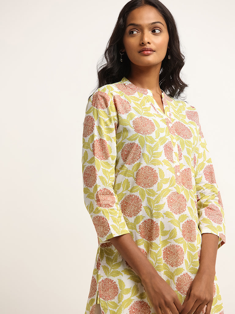 Utsa Green Floral Print Cotton Kurta