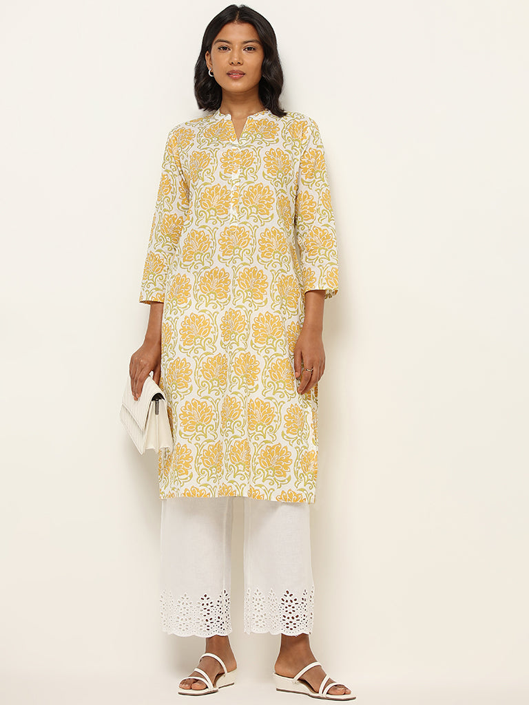 Utsa Yellow Straight Fit Printed Cotton Kurta