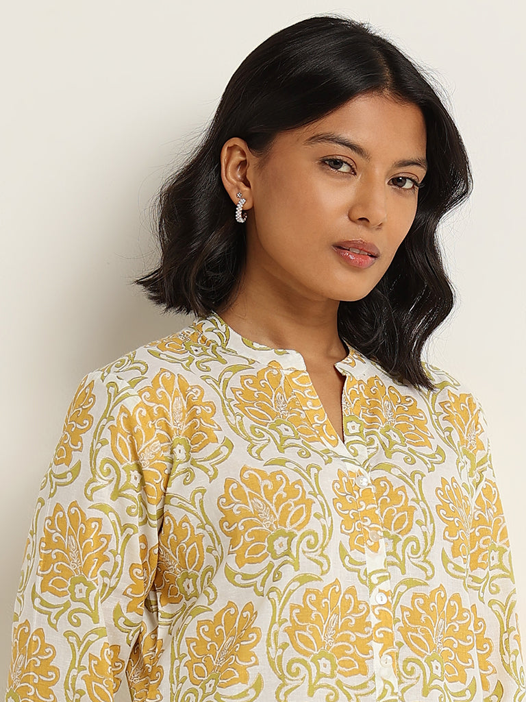 Utsa Yellow Straight Fit Printed Cotton Kurta