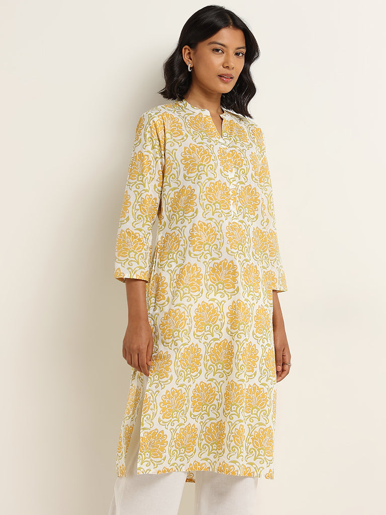 Utsa Yellow Straight Fit Printed Cotton Kurta