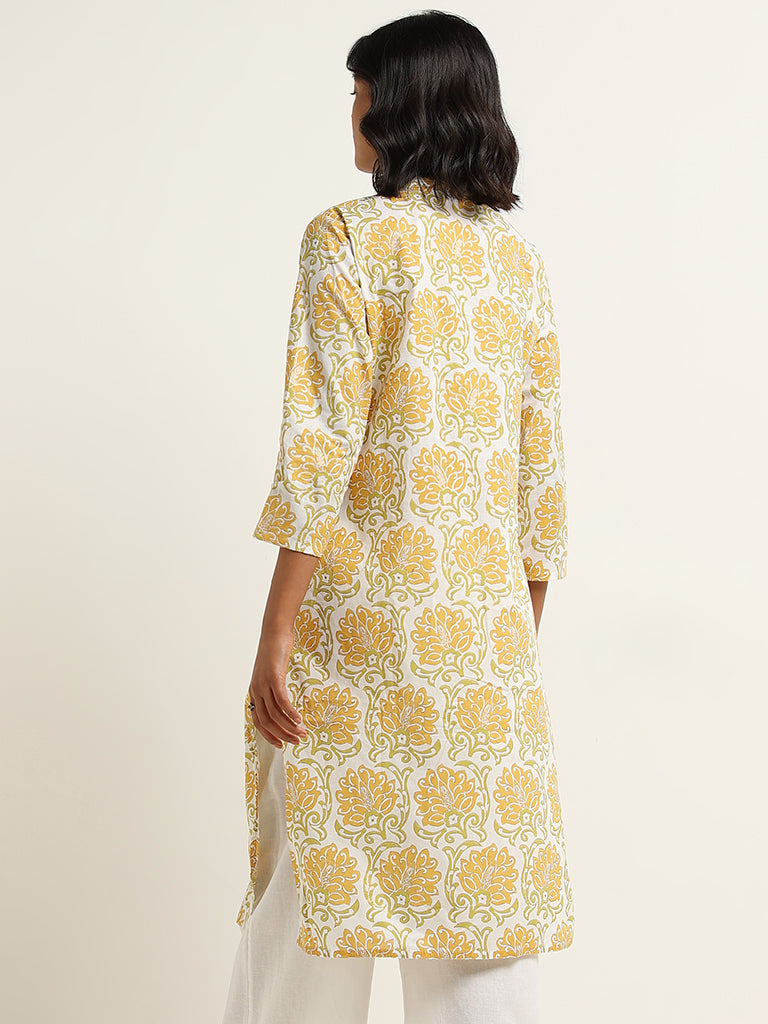 Utsa Yellow Straight Fit Printed Cotton Kurta