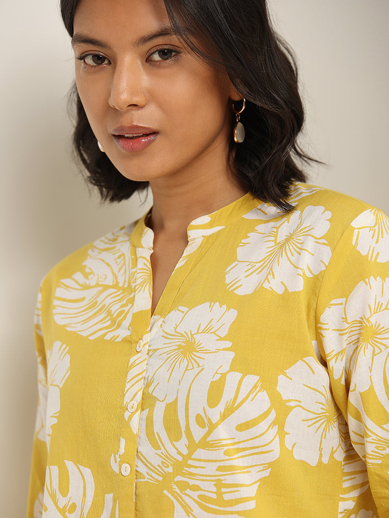 Utsa Yellow Floral Printed Cotton Kurta