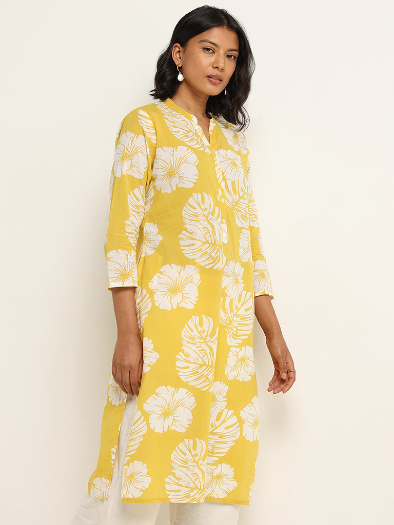 Utsa Yellow Floral Printed Cotton Kurta