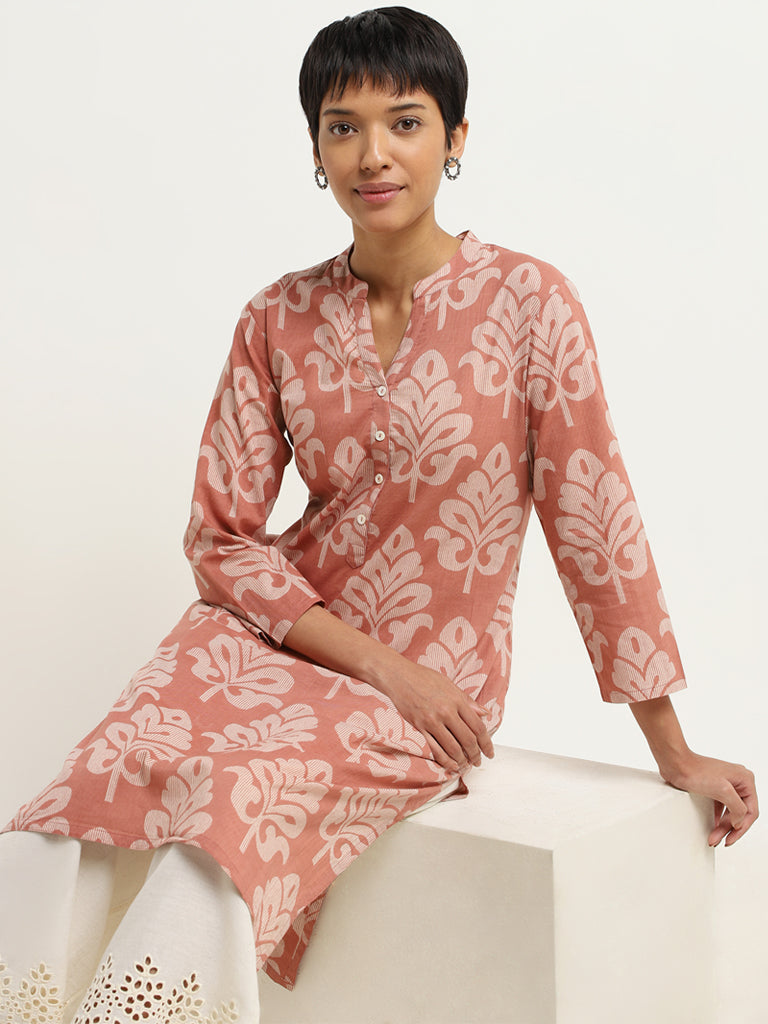 Utsa Pink Block Printed Cotton Kurta