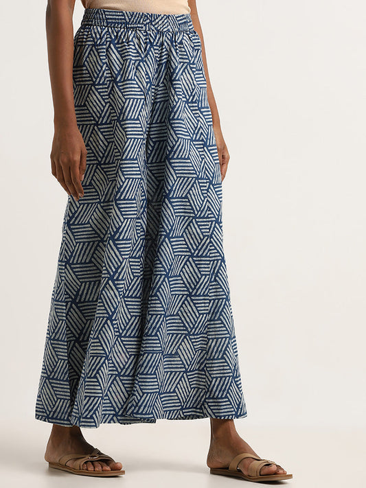 Utsa Indigo Geometric Print Cotton High-Rise Palazzos