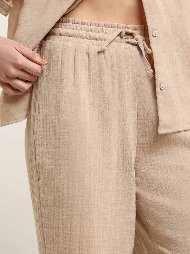 Wunderlove Beige Cotton Crinkled Relaxed Beach Pants