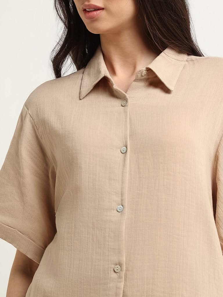 Wunderlove Beige Cotton Crinkled Relaxed Beach Shirt