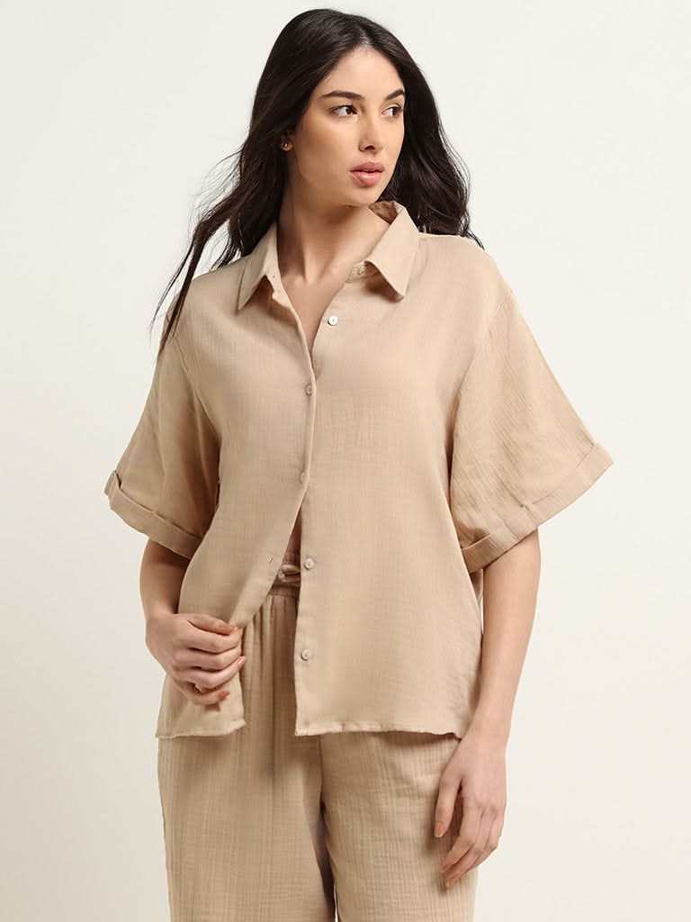 Wunderlove Beige Cotton Crinkled Relaxed Beach Shirt