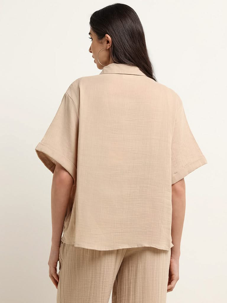 Wunderlove Beige Cotton Crinkled Relaxed Beach Shirt