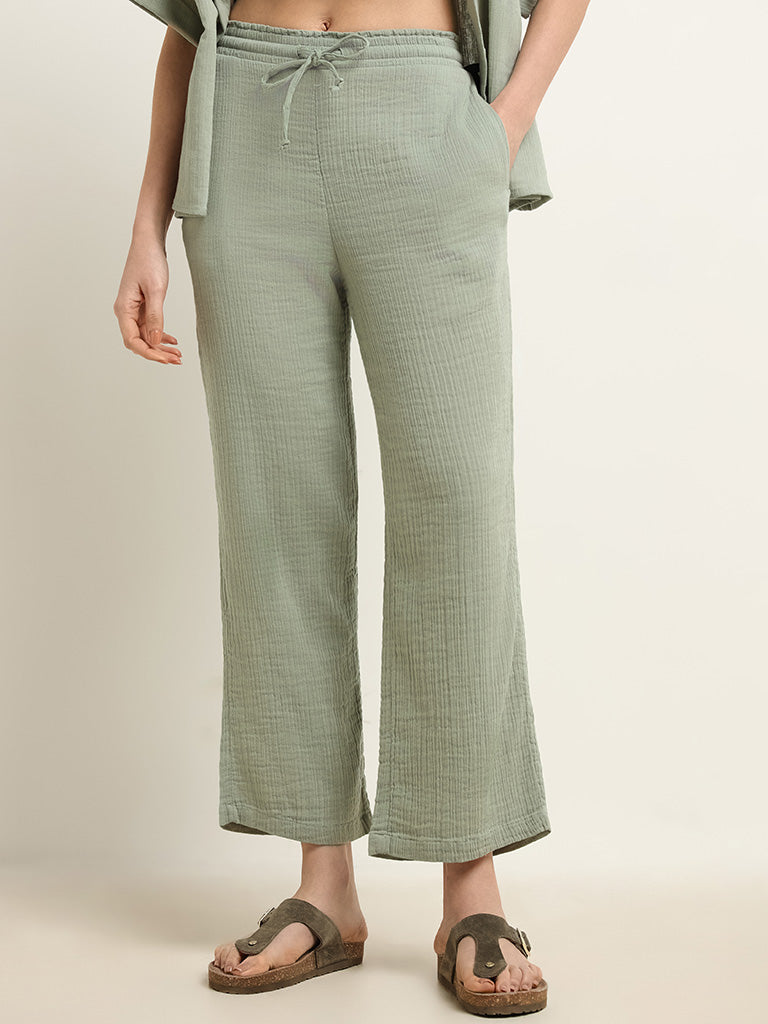 Wunderlove Green Cotton Crinkled Relaxed Beach Pants