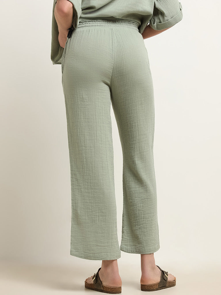 Wunderlove Green Cotton Crinkled Relaxed Beach Pants