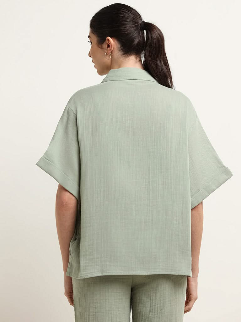 Wunderlove Green Cotton Crinkled Relaxed Beach Shirt