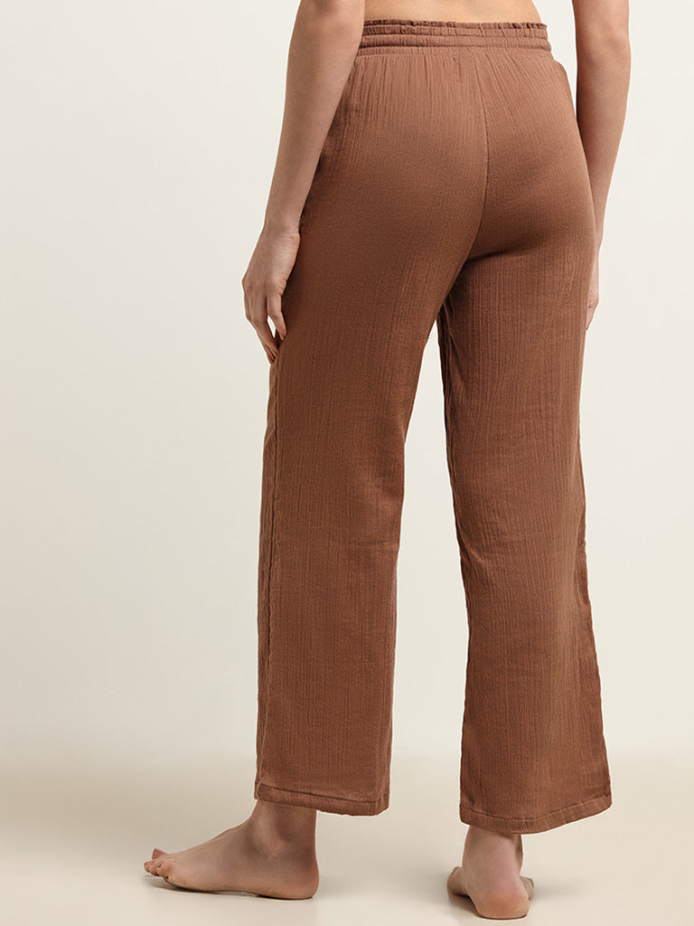 Wunderlove Brown Cotton Crinkled Relaxed Beach Pants