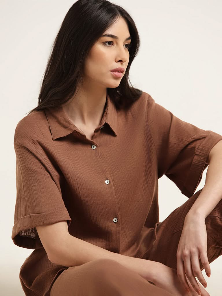 Wunderlove Brown Cotton Crinkled Relaxed Beach Shirt