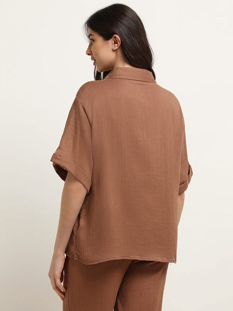 Wunderlove Brown Cotton Crinkled Relaxed Beach Shirt