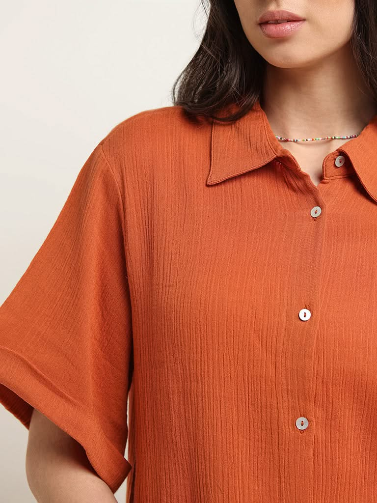 Wunderlove Rust Cotton Crinkled Relaxed Beach Shirt