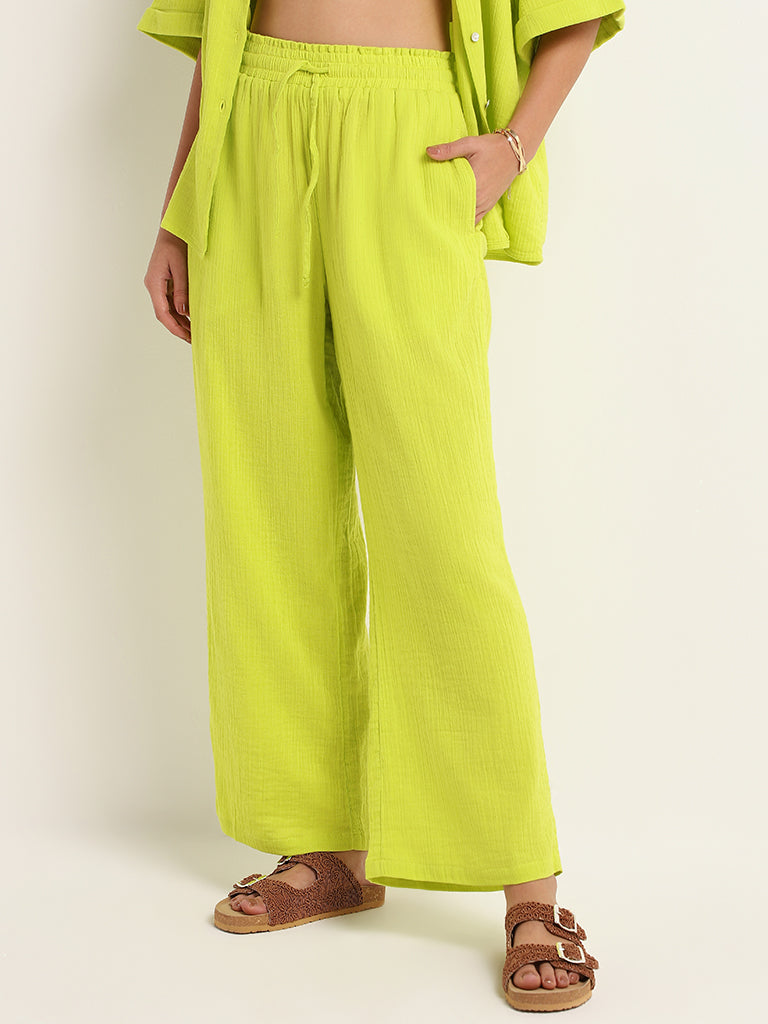 Wunderlove Lime Cotton Crinkled Relaxed Beach Pants