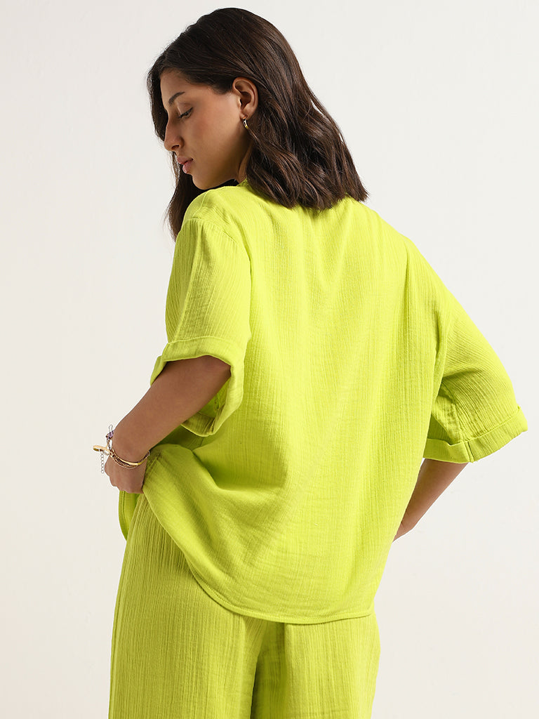 Wunderlove Lime Cotton Crinkled Relaxed Beach Shirt