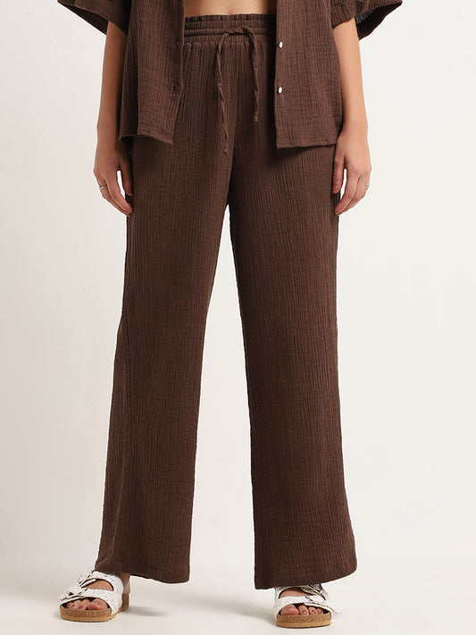 Wunderlove Dark Brown Cotton Crinkled Relaxed Beach Pants