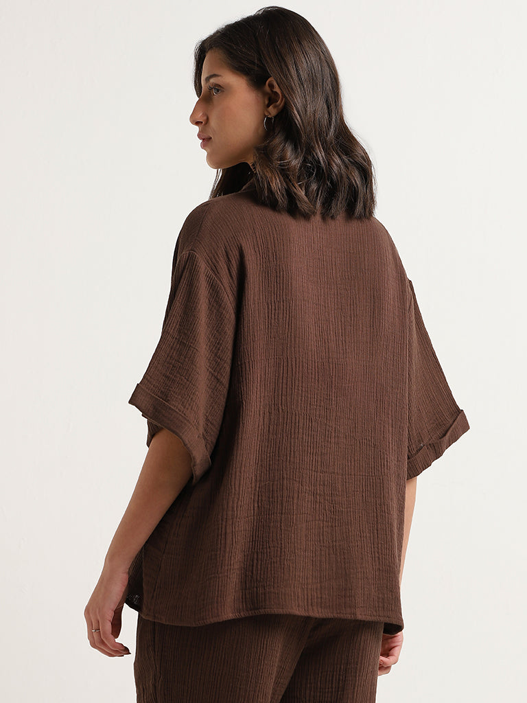 Wunderlove Dark Brown Cotton Crinkled Relaxed Beach Shirt