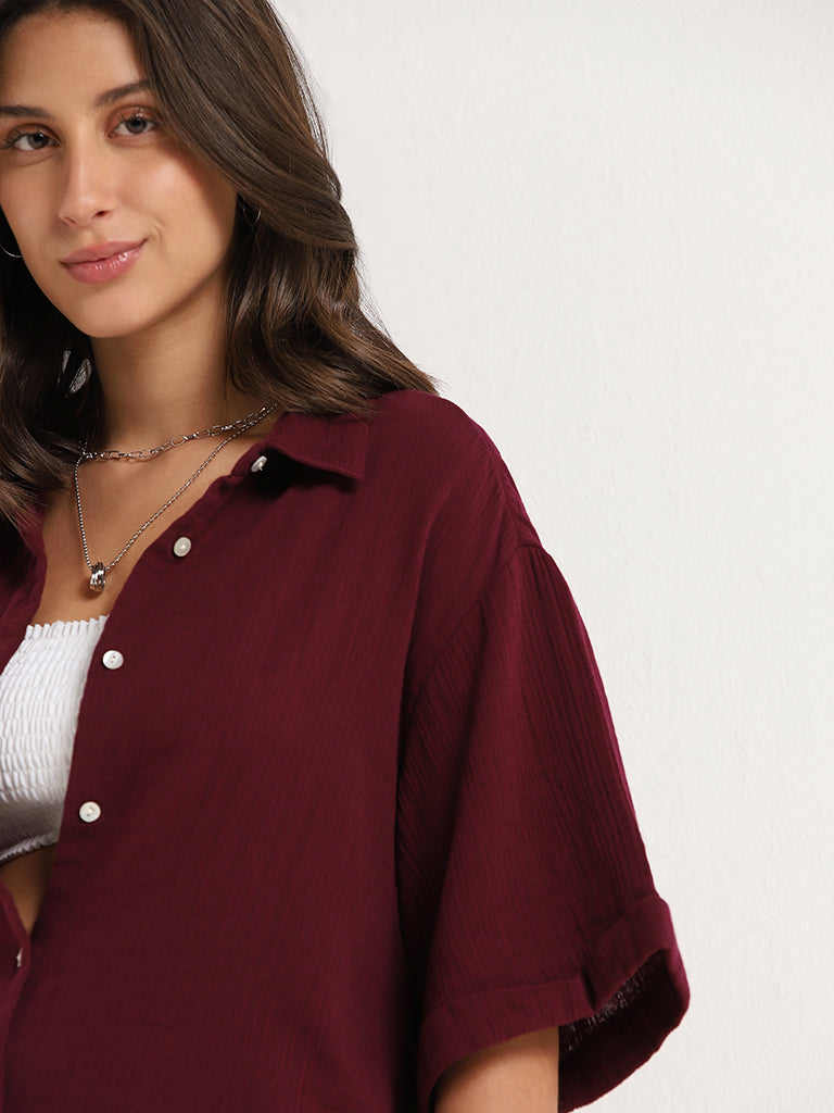 Wunderlove Wine Cotton Crinkled Relaxed Beach Shirt