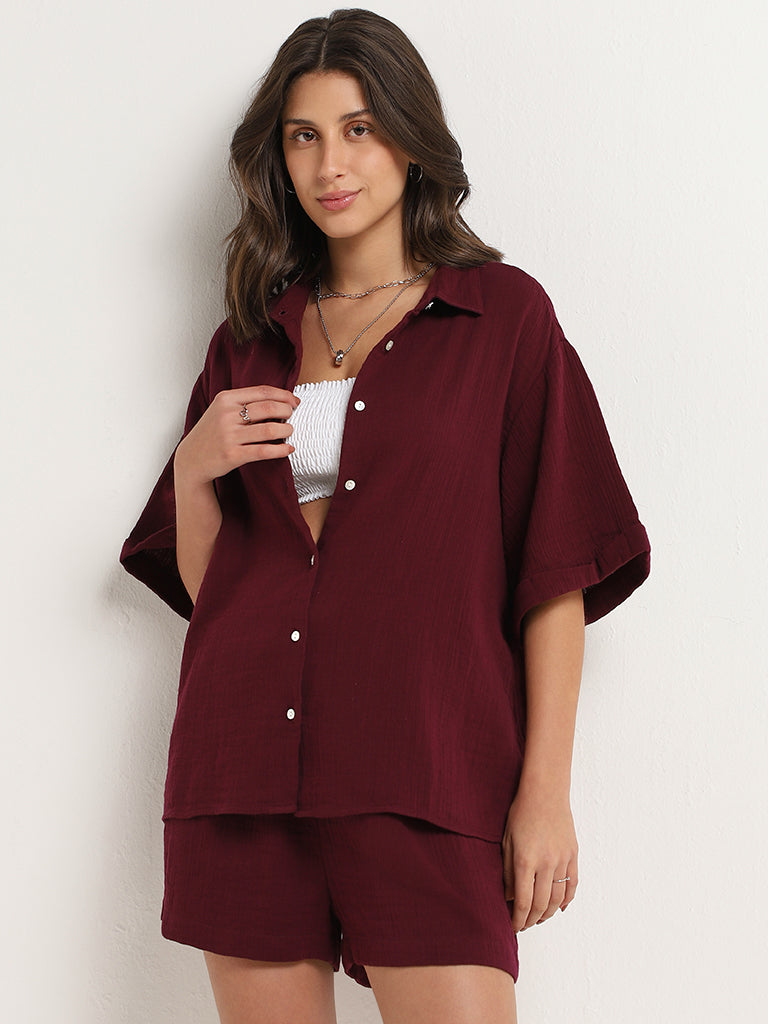 Wunderlove Wine Cotton Crinkled Relaxed Beach Shirt