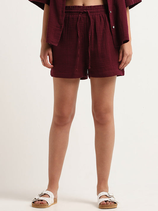 Wunderlove Maroon Mid-Rise Self-Patterned Cotton Shorts