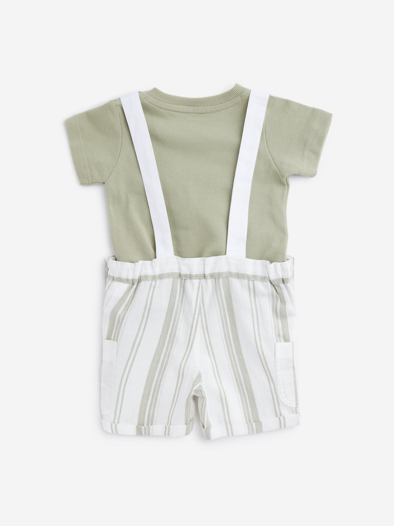 HOP Baby Sage Striped Dungaree with T-Shirt