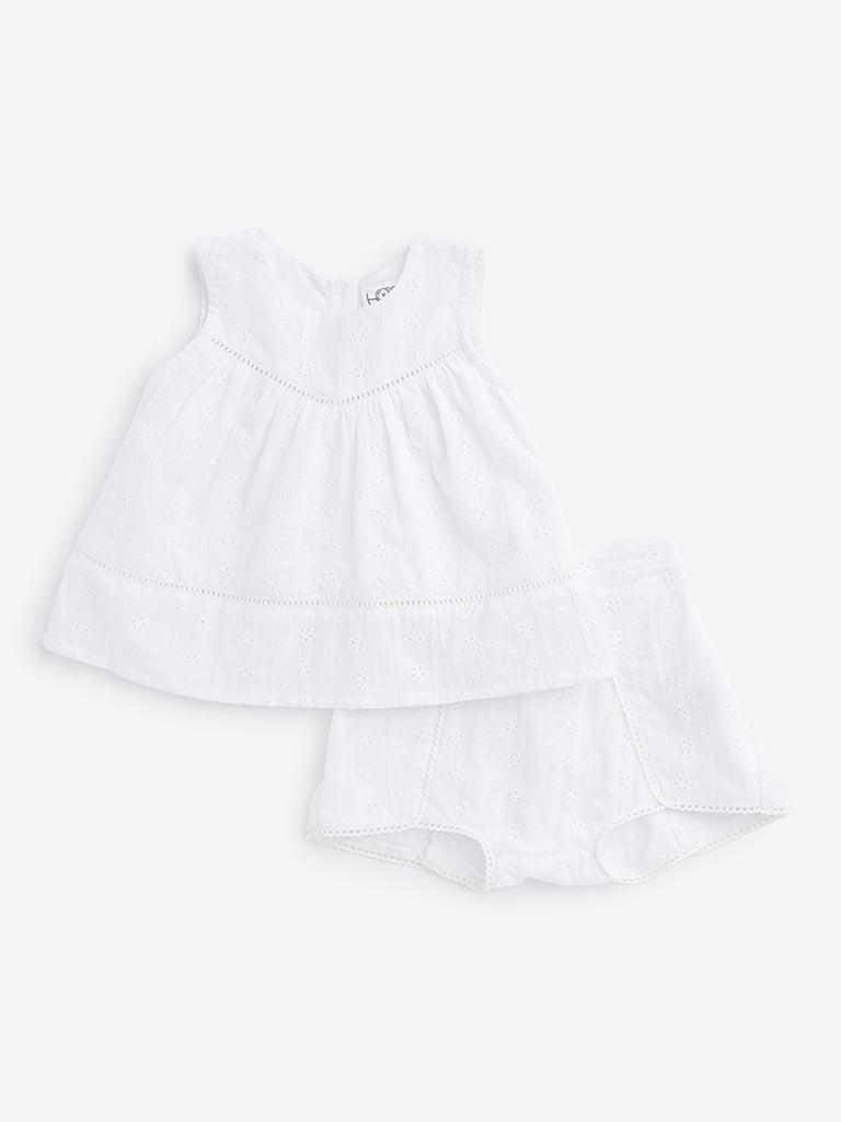 HOP Baby White Schiffli Detailed Top with Shorts Set