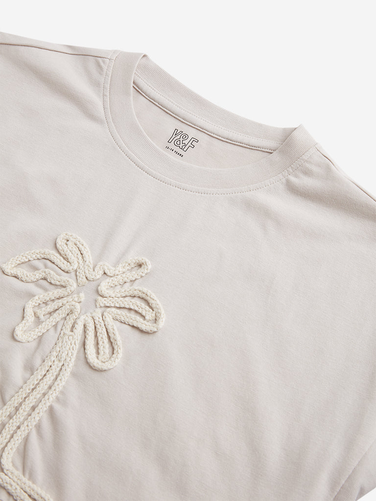 Y&F Kids Beige Embroidered T-Shirt