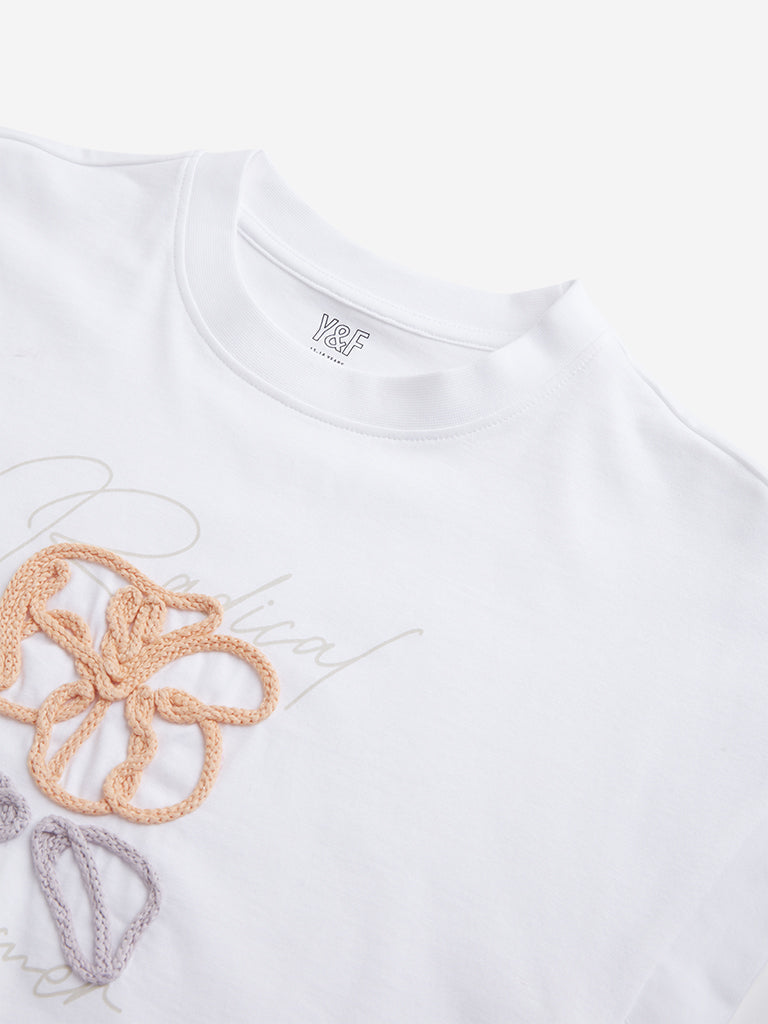 Y&F Kids White Floral Embroidered T-Shirt