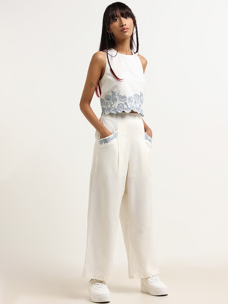 Bombay Paisley White Embroidered Cotton Blend Pants