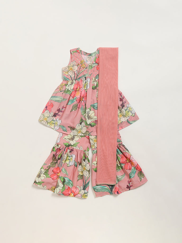 Utsa Kids Pink Floral Printed Sharara Set (2 - 8yrs)