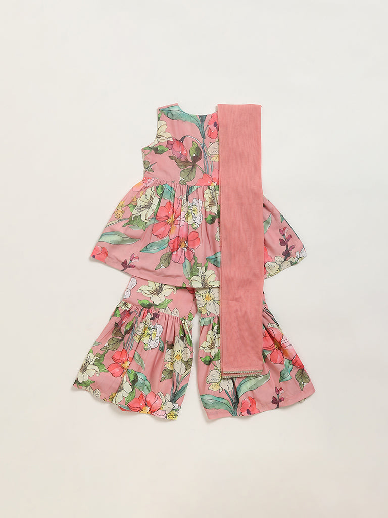 Utsa Kids Pink Floral Printed Sharara Set (2 - 8yrs)