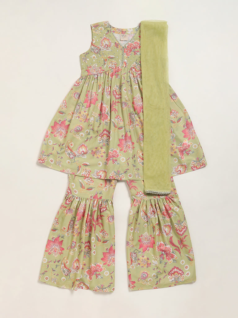 Utsa Kids Green Floral Kurta Set (8 -14yrs)