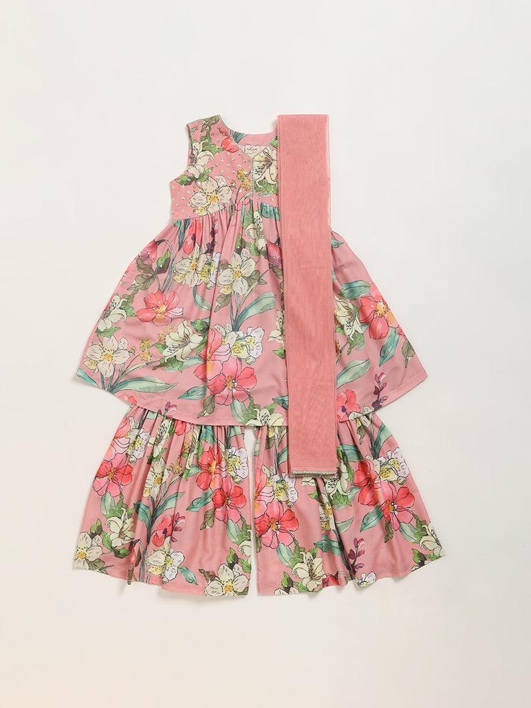 Utsa Kids Pink Floral Printed Sharara Set (8 -14yrs)