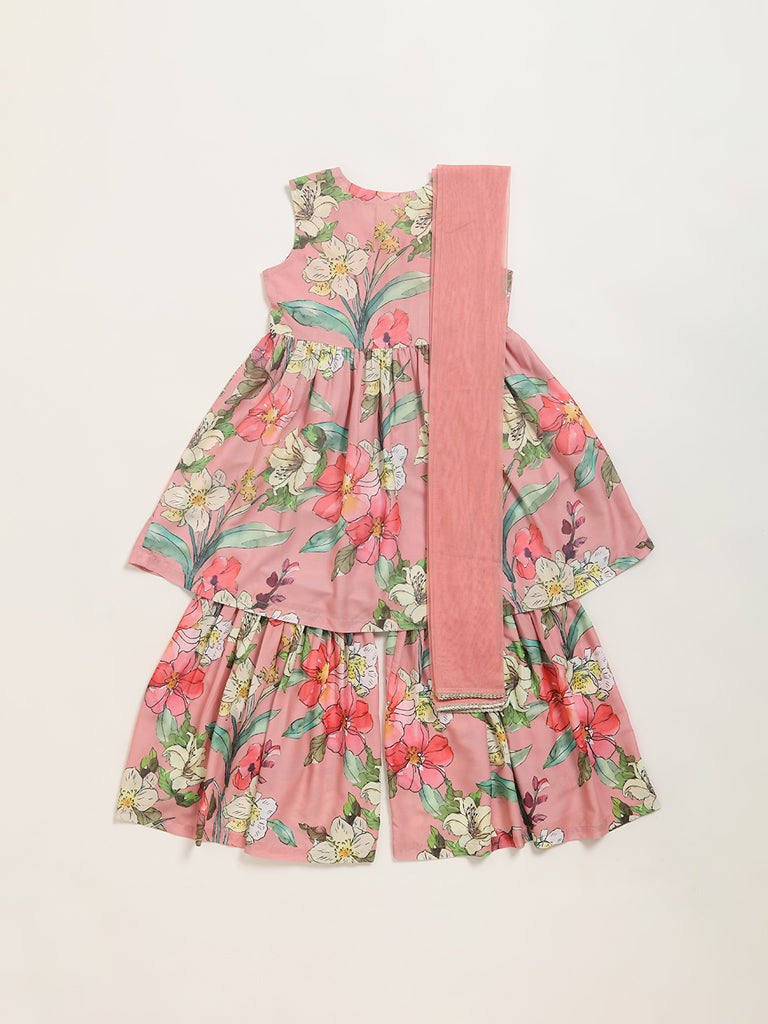 Utsa Kids Pink Floral Printed Sharara Set (8 -14yrs)