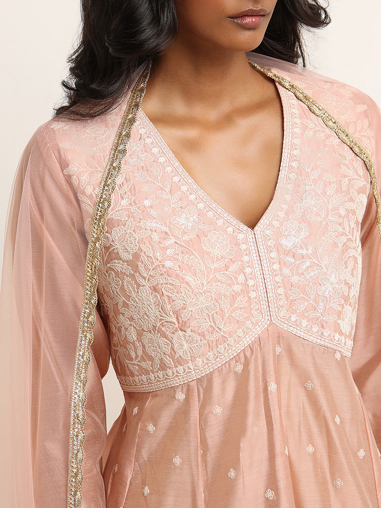 Vark Blush Pink A-line Kurta, Palazzos and Dupatta Set