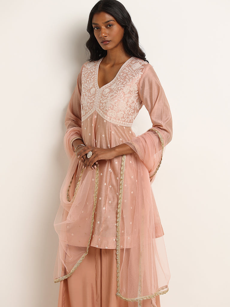 Vark Blush Pink A-line Kurta, Palazzos and Dupatta Set