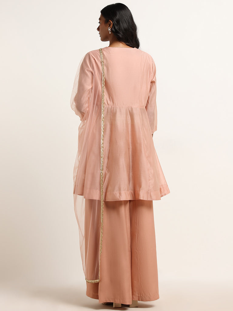 Vark Blush Pink A-line Kurta, Palazzos and Dupatta Set