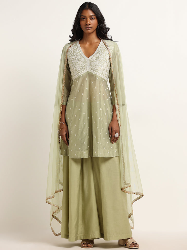 Vark Sage A-line Kurta, Palazzos and Dupatta Set