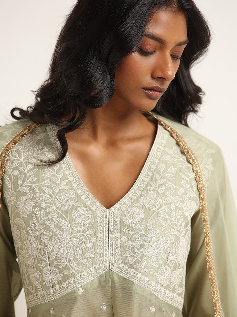 Vark Sage A-line Kurta, Palazzos and Dupatta Set